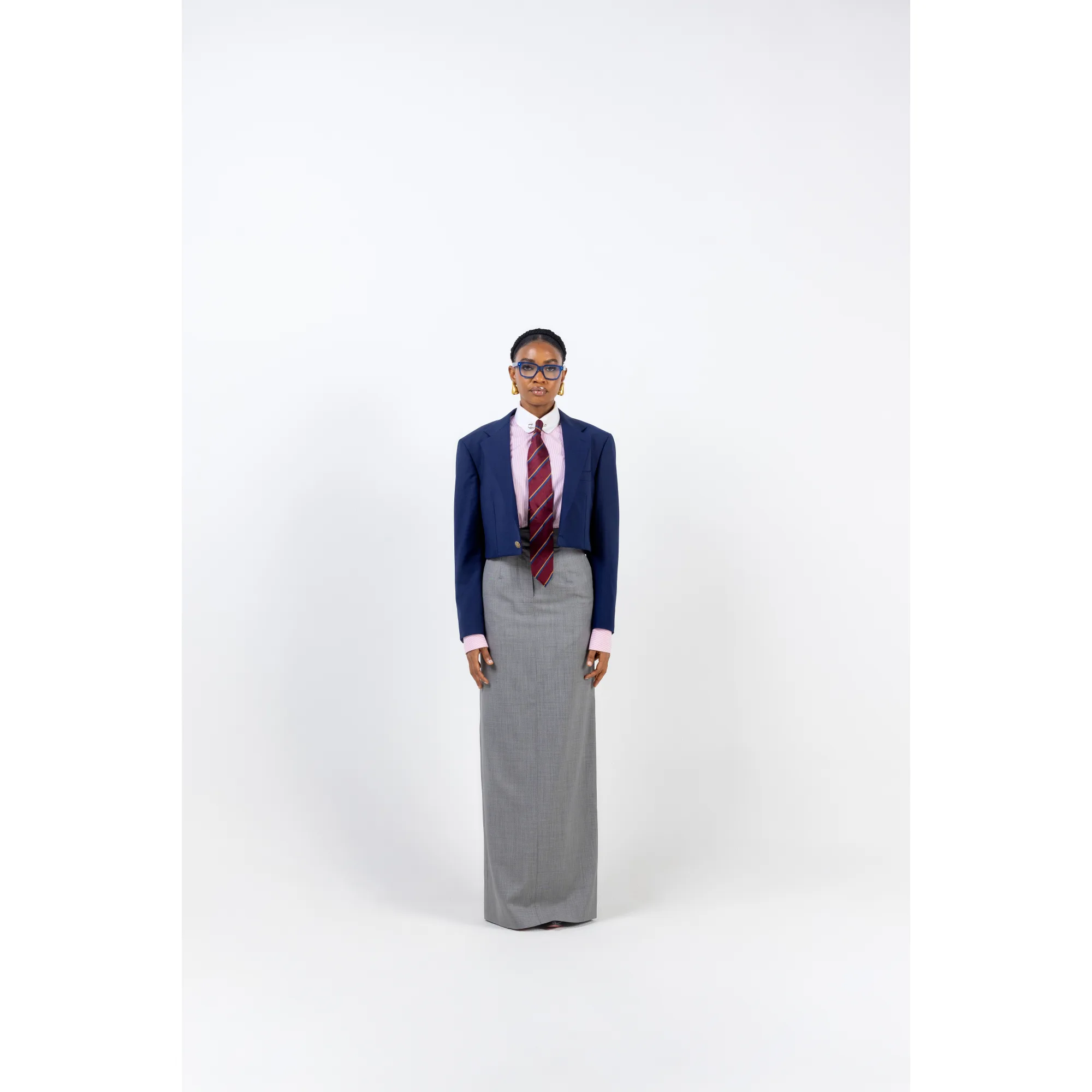 NAVY CROPPED BLAZER, PINK STRIPPED PIN COLLAR SHIRT, GREY LONG SKIRT