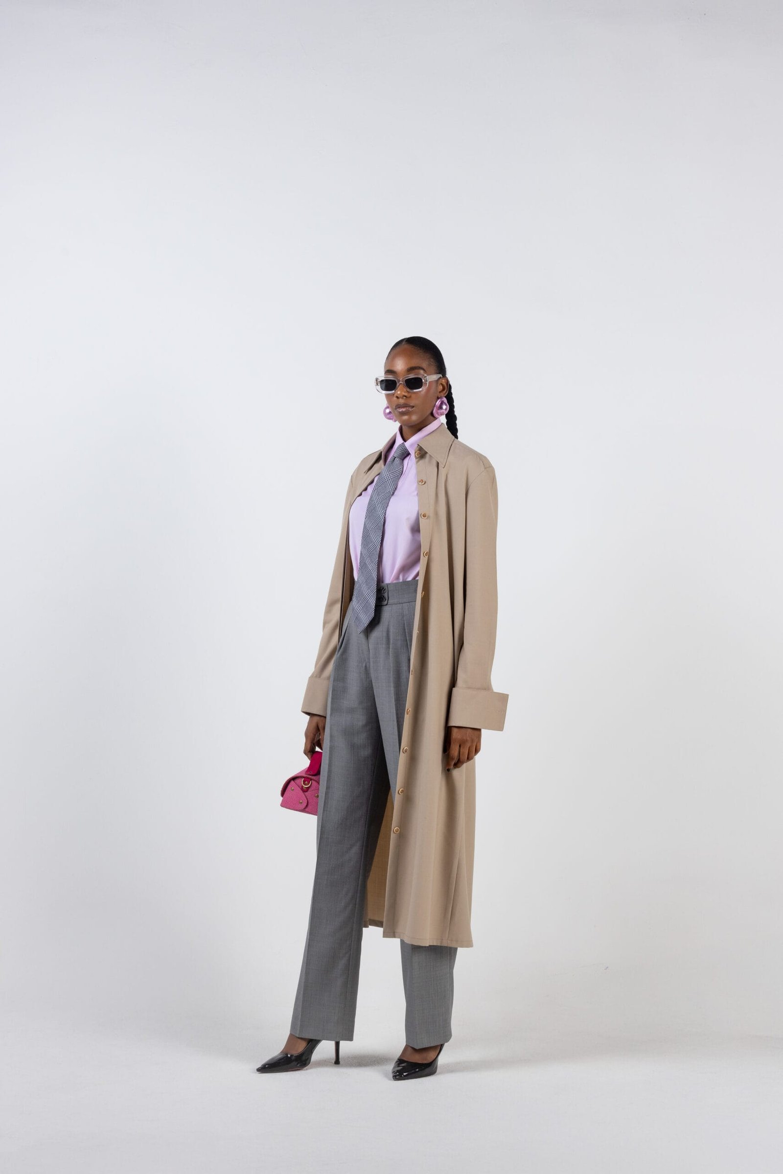 BIEGE SHIRT DRESS WITH PINK SHIRT AND GREY TROUSERS, view 3 of 4