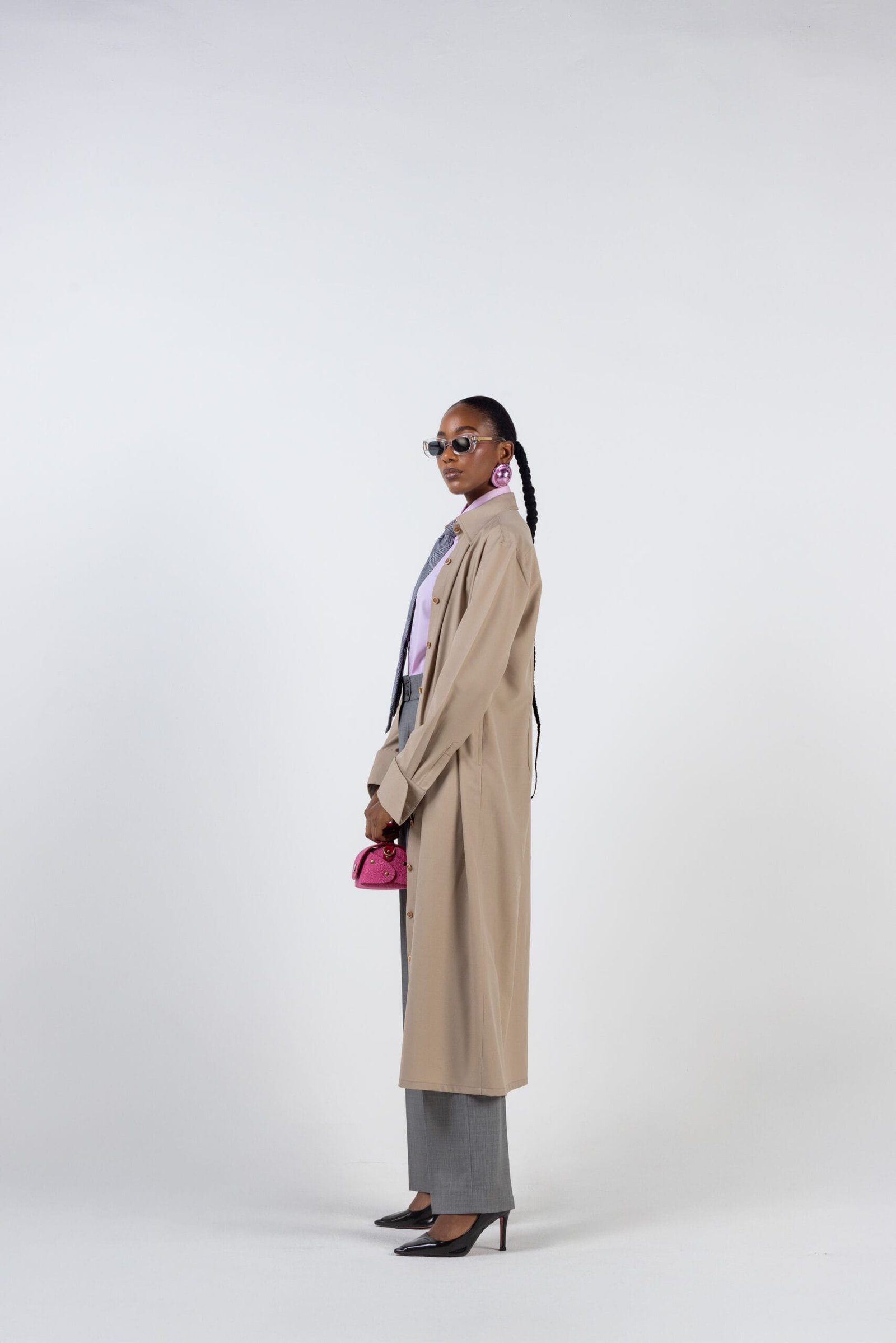 BIEGE SHIRT DRESS WITH PINK SHIRT AND GREY TROUSERS, view 2 of 4